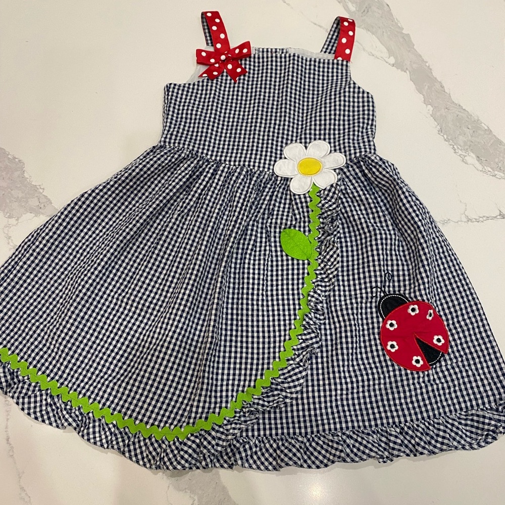 Rare Editions Navy Gingham Dress with Red Polka Dot Accents